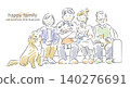 A smiling three-generation family sitting on a sofa; a soft, watercolor-style illustration. 140276691