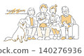 A simple yet stylish line drawing illustration of a smiling three-generation family sitting on a sofa. 140276936