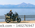 Lake Inawashiro, Mount Bandai, and a motorcycle 140276947