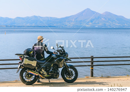 Lake Inawashiro, Mount Bandai, and a motorcycle Lake Inawashiro, Mount Bandai, and a motorcycle 140276947