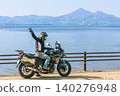 Lake Inawashiro, Mount Bandai, and a motorcycle 140276948