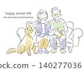 A smiling senior couple sitting on a sofa; a soft, watercolor-style illustration. 140277036
