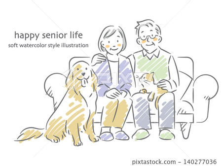 A smiling senior couple sitting on a sofa; a soft, watercolor-style illustration. A smiling senior couple sitting on a sofa; a soft, watercolor-style illustration. 140277036