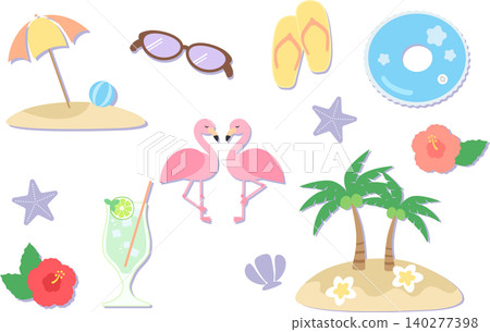 A set of illustration materials featuring summer beach items and tropical motifs. A set of illustration materials featuring summer beach items and tropical motifs. 140277398