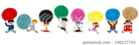 Hand-drawn illustration of children carrying colorful speech bubbles | Communication, Diversity, Ideas Hand-drawn illustration of children carrying colorful speech bubbles | Communication, Diversity, Ideas 140277743