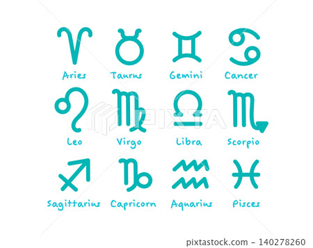 Turquoise Blue Twelve Zodiac Signs Illustration Set Turquoise Blue Twelve Zodiac Signs Illustration Set 140278260