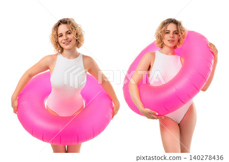 Woman poses with bright pink float. Summer fashion and fun concept radiating joy, PNG Woman poses with bright pink float. Summer fashion and fun concept radiating joy, PNG 140278436