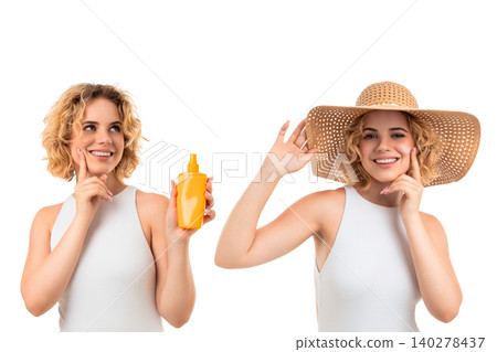 Woman applies sunscreen enjoying summer vibes. Beauty and vacation mood concept, PNG Woman applies sunscreen enjoying summer vibes. Beauty and vacation mood concept, PNG 140278437