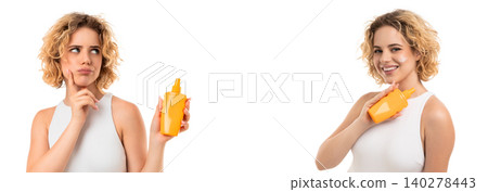 Woman smiles while holding sunscreen, showcasing beauty in summer, PNG Woman smiles while holding sunscreen, showcasing beauty in summer, PNG 140278443