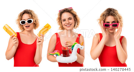 Woman poses joyfully with summer accessories. Vibrant fashion and playful lifestyle concept, PNG Woman poses joyfully with summer accessories. Vibrant fashion and playful lifestyle concept, PNG 140278445
