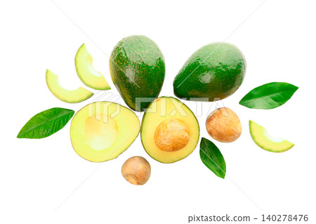 Avocados arranged with slices and leaves, isolated, PNG Avocados arranged with slices and leaves, isolated, PNG 140278476
