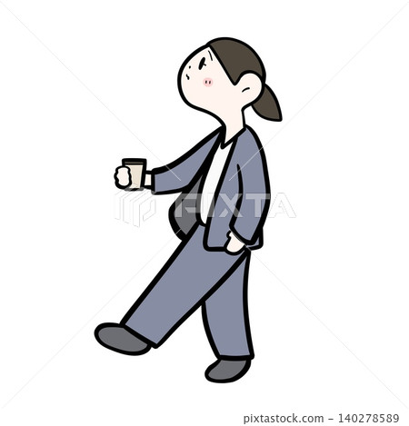 一位女上班族昂首挺胸,手捧咖啡杯,邊走邊思考/心不在焉的插圖 一位女上班族昂首挺胸,手捧咖啡杯,邊走邊思考/心不在焉的插圖 140278589