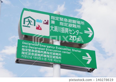 帶有外語翻譯的疏散避難所標誌 帶有外語翻譯的疏散避難所標誌 140278619