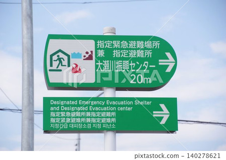 帶有外語翻譯的疏散避難所標誌 帶有外語翻譯的疏散避難所標誌 140278621