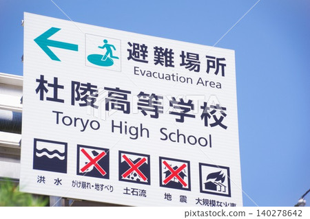 指示疏散地點和路線的指示牌。 140278642