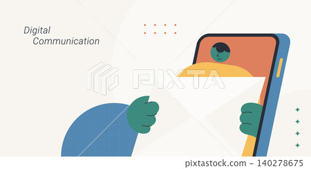 Digital communication vector illustration. Business character sending or receiving email envelope via smartphone screen for banner and website layout. Digital communication vector illustration. Business character sending or receiving email envelope via smartphone screen for banner and website layout. 140278675