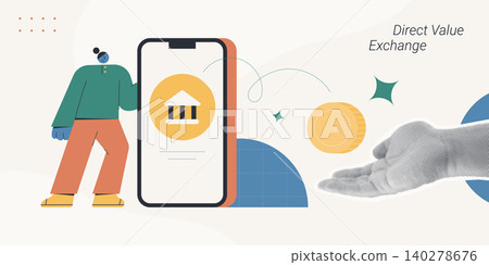 Direct value exchange concept. Vector flat illustration of transferring money coin from mobile banking smartphone application to a hand. Direct value exchange concept. Vector flat illustration of transferring money coin from mobile banking smartphone application to a hand. 140278676
