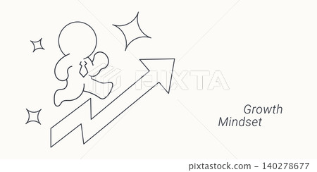 Growth mindset concept. Minimal line art illustration of a businessman character running up a rising success arrow graph with stars. Growth mindset concept. Minimal line art illustration of a businessman character running up a rising success arrow graph with stars. 140278677