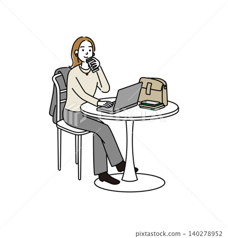 一位年輕女子在咖啡館操作電腦。 140278952