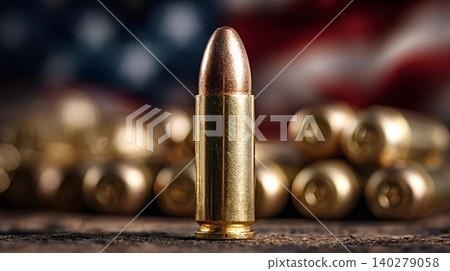 Bullet cartridge standing against american flag background Bullet cartridge standing against american flag background 140279058