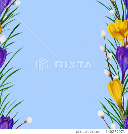 Violet and yellow crocuses, green branches, willow branches. Seamless floral botanical pattern Violet and yellow crocuses, green branches, willow branches. Seamless floral botanical pattern 140279071