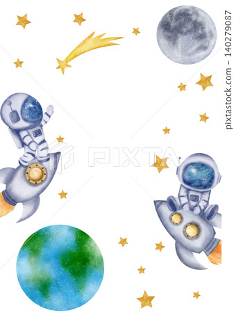 Rectangular frame with astronauts, cosmonauts, space rockets, spaceships, moon, stars, sky, Earth Rectangular frame with astronauts, cosmonauts, space rockets, spaceships, moon, stars, sky, Earth 140279087