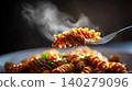Hot steaming fusilli pasta on a fork with sauce 140279096