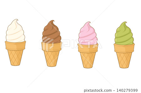 A set of four simple and cute illustrations of soft serve ice cream. A set of four simple and cute illustrations of soft serve ice cream. 140279399