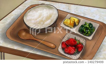An illustration of porridge and breakfast served on a tray. An illustration of porridge and breakfast served on a tray. 140279499