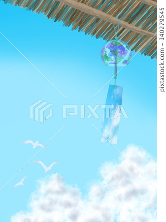 Illustration of wind chimes swaying on the eaves and the summer sky Illustration of wind chimes swaying on the eaves and the summer sky 140279545