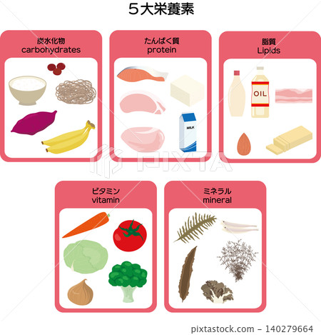 Illustration set of the 5 major nutrients Illustration set of the 5 major nutrients 140279664
