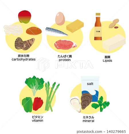 Illustration set of the 5 major nutrients Illustration set of the 5 major nutrients 140279665