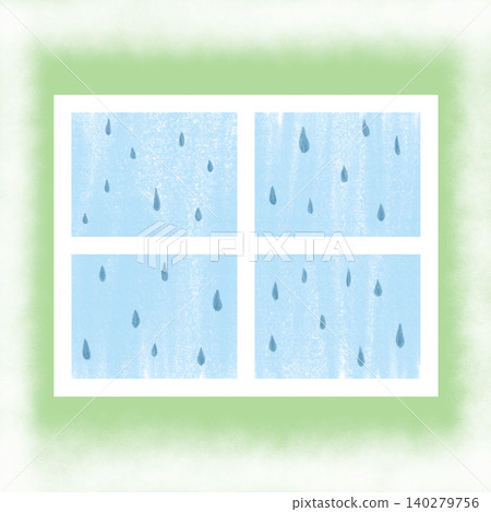 A colored pencil-style illustration of raindrops on a window frame during the rainy season. 140279756