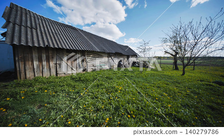 Old wooden barn standing in green meadow in slavic village Old wooden barn standing in green meadow in slavic village 140279786