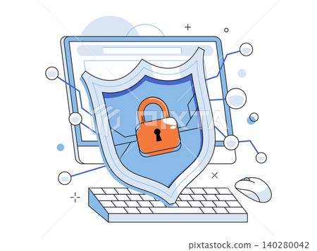 Shield with padlock in front of a computer monitor vector illustration. Cybersecurity, data protection, internet safety, network privacy, firewall, defense. Protective armor guarding a desktop Shield with padlock in front of a computer monitor vector illustration. Cybersecurity, data protection, internet safety, network privacy, firewall, defense. Protective armor guarding a desktop 140280042