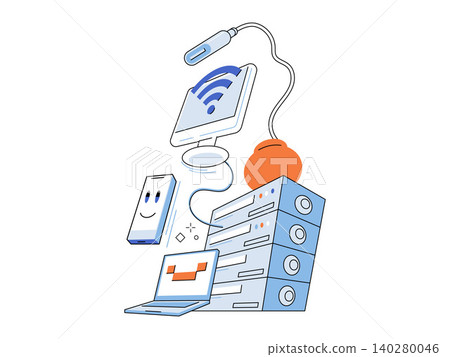 Server rack with laptop and smartphone vector illustration. Cloud storage, data network, digital infrastructure, smart tech, internet, connectivity. Database hardware linked to computer and phone Server rack with laptop and smartphone vector illustration. Cloud storage, data network, digital infrastructure, smart tech, internet, connectivity. Database hardware linked to computer and phone 140280046