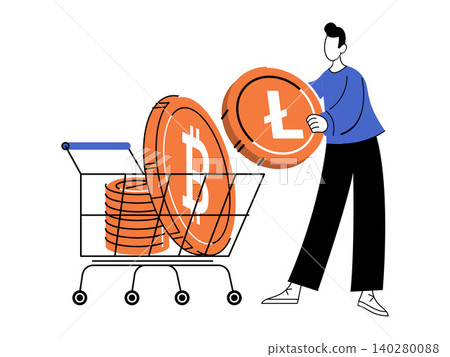 Man puts Litecoin into a shopping cart with Bitcoin vector illustration. Digital finance, crypto trading, online shopping, investment, blockchain, growth. Person placing coin into trolley 140280088