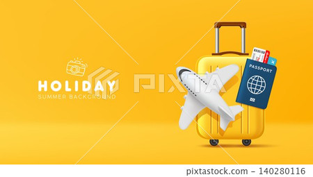 Summer holiday airplane travel, yellow suitcase and passport banner design on yellow background Summer holiday airplane travel, yellow suitcase and passport banner design on yellow background 140280116
