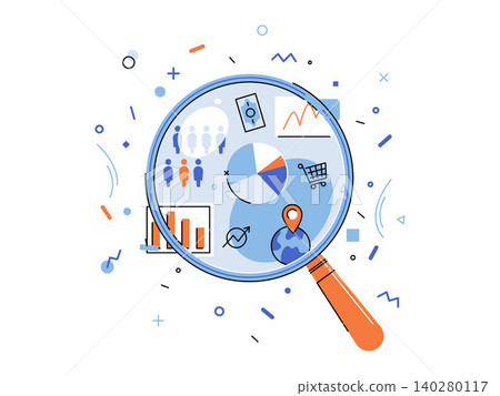 Magnifying glass focusing on business data vector illustration. Market research, data analysis, strategy, consumer behavior, audit, marketing. Loupe examining company statistics 140280117