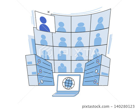 Laptop with globe and grid of people vector illustration. Remote work, online education, global communication, digital meeting, webinar hosting, cloud computing. Computer showing virtual conference 140280123