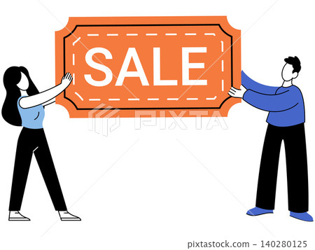 Man and woman holding a large orange sale ticket vector illustration. Retail marketing, seasonal discount, online shopping, promotional offer, consumerism, business. Couple carrying a giant voucher 140280125