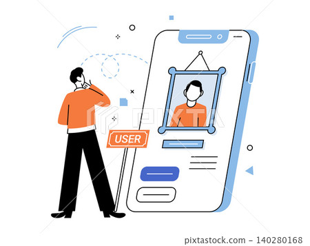 Man looking at smartphone with user profile vector illustration. Digital identity, account management, social media, online presence, profile, mobile app. Person viewing mobile device with avatar Man looking at smartphone with user profile vector illustration. Digital identity, account management, social media, online presence, profile, mobile app. Person viewing mobile device with avatar 140280168