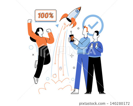 A business team launching a rocket into the sky vector illustration. Startup growth, project success, achievement, teamwork, innovation, goal reaching. Group of professional colleagues starting A business team launching a rocket into the sky vector illustration. Startup growth, project success, achievement, teamwork, innovation, goal reaching. Group of professional colleagues starting 140280172