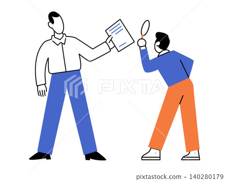 Man holding paper for inspection vector illustration. Contract audit, legal review, business inspection, due diligence, financial scrutiny, document analysis. Experts examining page with loupe Man holding paper for inspection vector illustration. Contract audit, legal review, business inspection, due diligence, financial scrutiny, document analysis. Experts examining page with loupe 140280179