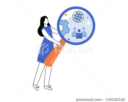 Woman holding magnifying glass with globe and team icons vector illustration. Global recruitment, market research, business analysis, human resources, networking, outsourcing. Person with lens 140280188