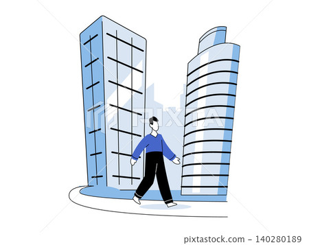 Man walking on a city street between skyscrapers vector illustration. Urban lifestyle, business district, daily commute, career growth, city living, architecture. Pedestrian near office buildings Man walking on a city street between skyscrapers vector illustration. Urban lifestyle, business district, daily commute, career growth, city living, architecture. Pedestrian near office buildings 140280189