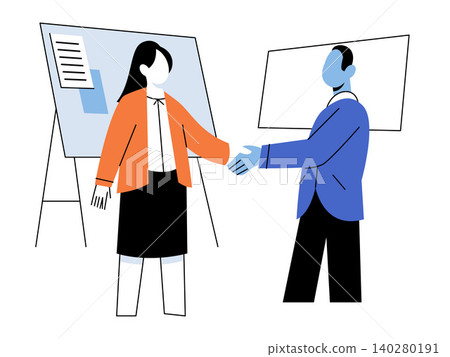 Business man and woman shaking hands in office vector illustration. Partnership, agreement, recruitment, collaboration, success, corporate meeting. Professional colleagues greeting each other Business man and woman shaking hands in office vector illustration. Partnership, agreement, recruitment, collaboration, success, corporate meeting. Professional colleagues greeting each other 140280191