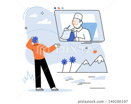 Man looking at a screen with a doctor writing notes vector illustration. Telemedicine, online consultation, digital health, remote care, virtual clinic, e-health. Patient watching a physician 140280197