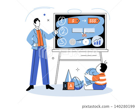 Man teaching child about finance vector illustration. Financial literacy, parenting, business education, work life balance, early learning, wealth management. Father instructing toddler Man teaching child about finance vector illustration. Financial literacy, parenting, business education, work life balance, early learning, wealth management. Father instructing toddler 140280199