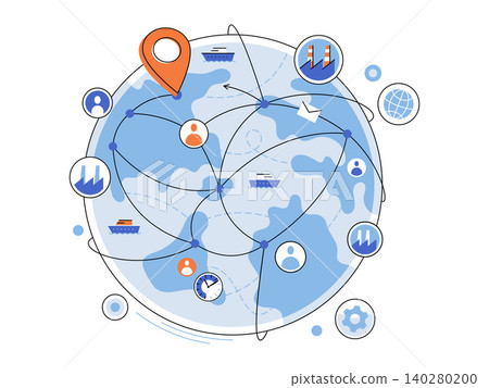 Globe with network lines and industrial icons vector illustration. Global logistics, supply chain, international trade, shipping, cargo tracking, connectivity. World map with connection points Globe with network lines and industrial icons vector illustration. Global logistics, supply chain, international trade, shipping, cargo tracking, connectivity. World map with connection points 140280200
